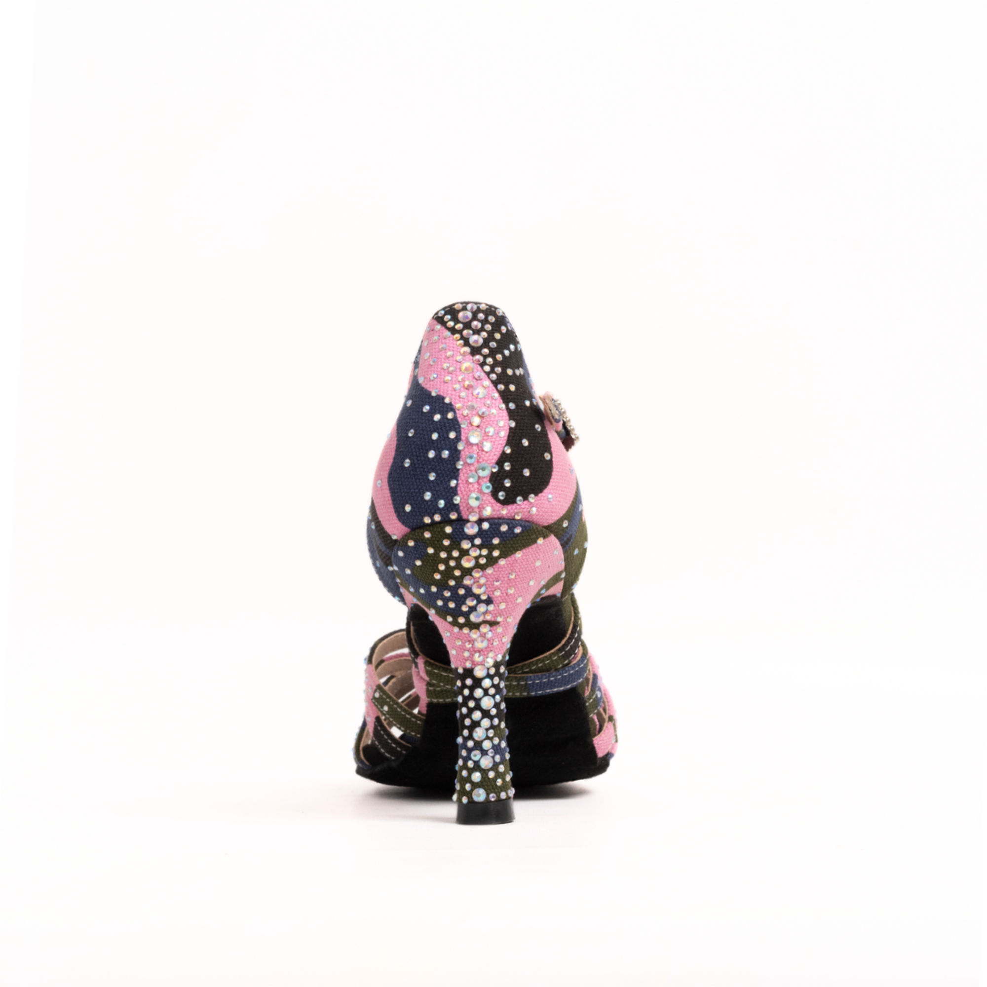 A single women's strappy high-heeled sandal with a multicolor abstract pattern of pink, olive green, navy blue, and black, embellished with silver rhinestones, shown against a plain white background - back view