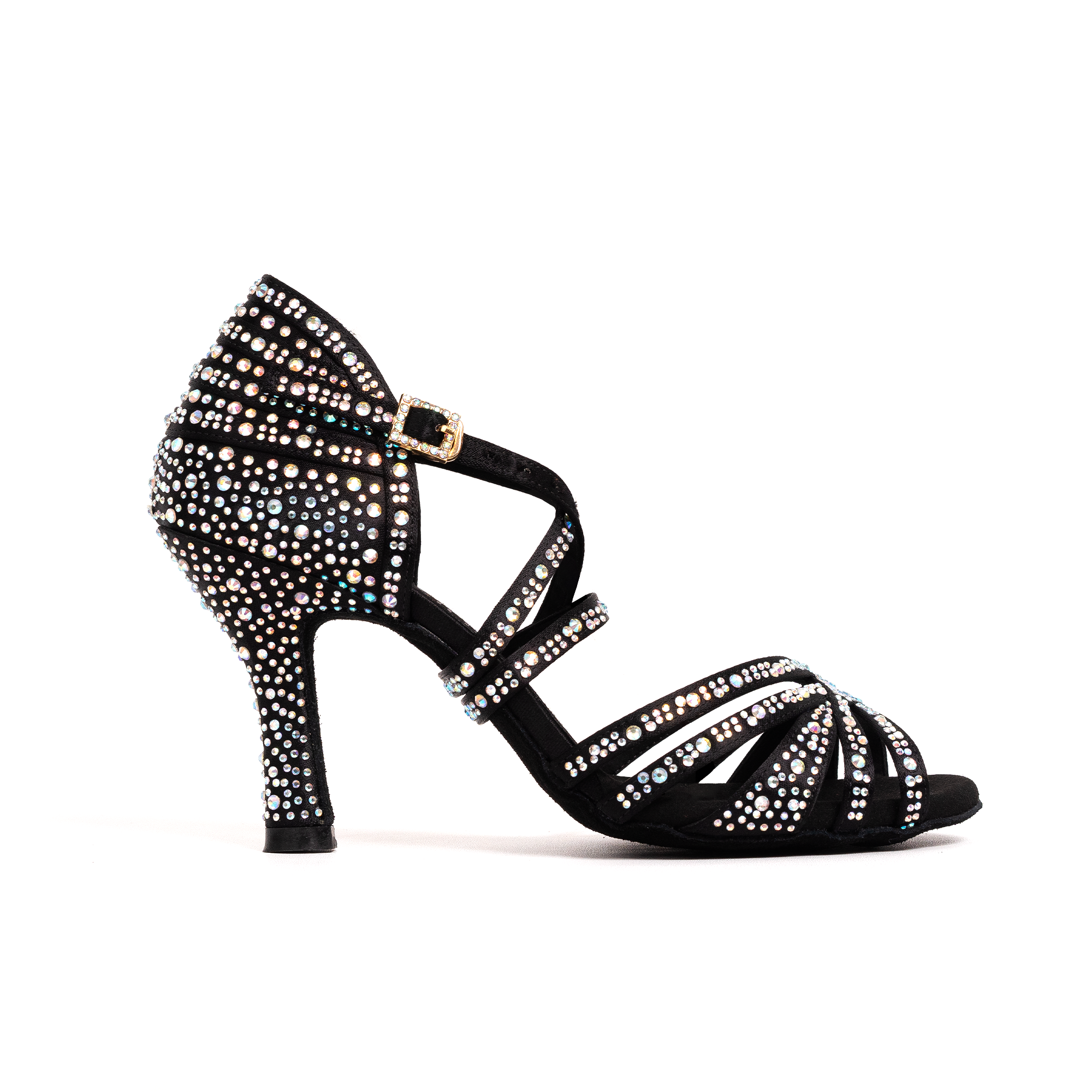 A single women's high-heeled dance sandal in a black shade, heavily embellished with clear rhinestones across the straps, heel, and ankle buckle area, shown on a plain white background - side view