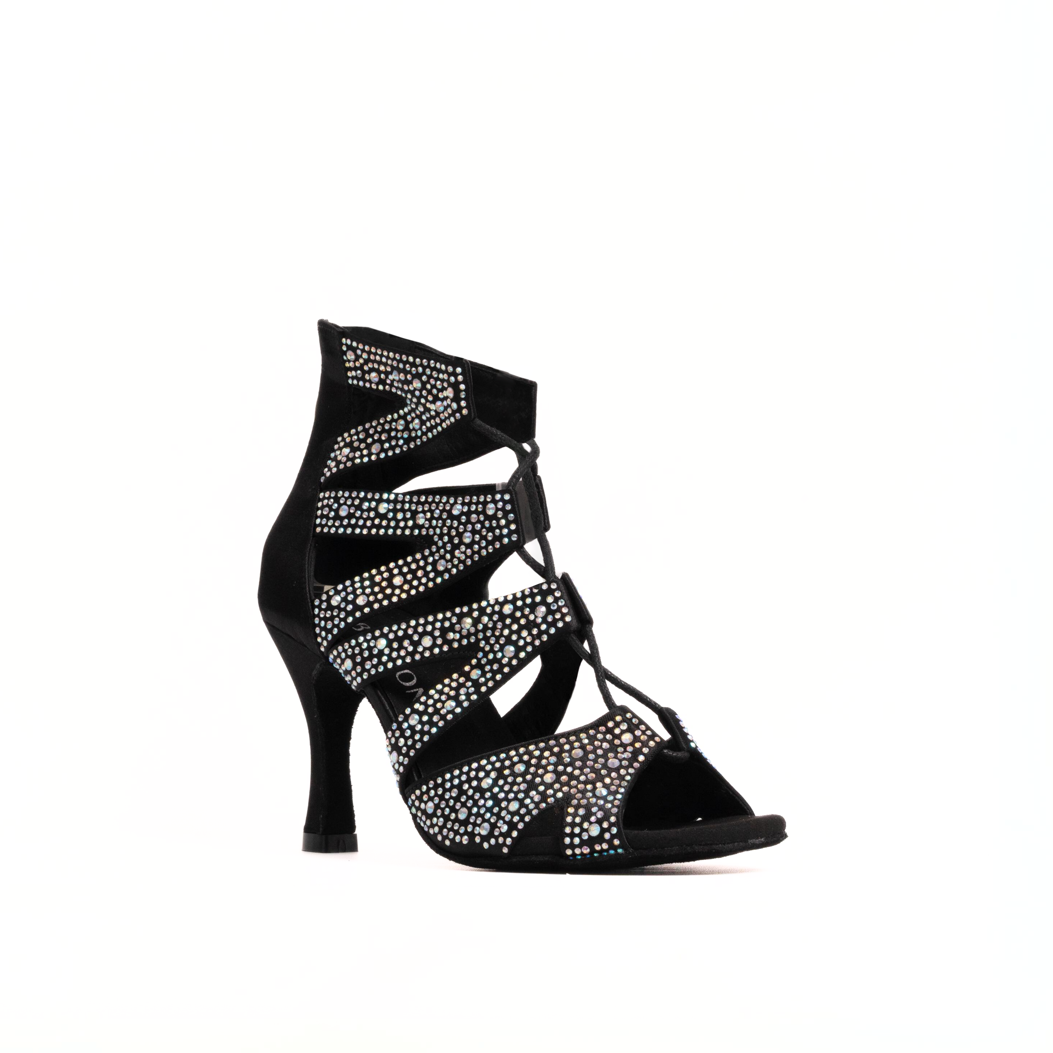 A single black strappy high-heeled shoe with rhinestone embellishments, shown from a side profile against a plain white background - angle view