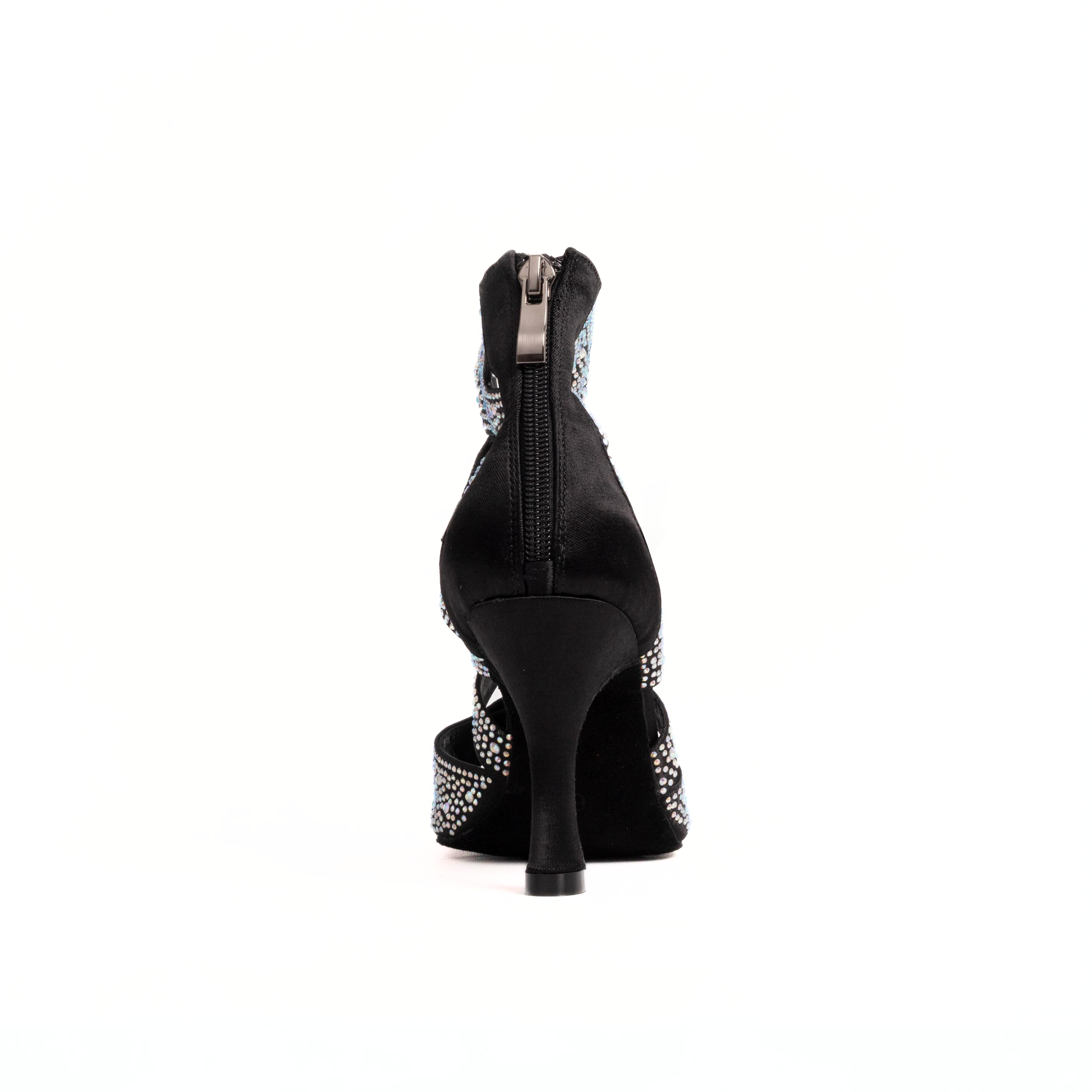 Black high-heeled ankle boot with a stiletto heel, open toe, and silver rhinestone embellishments on the sides, shown from a rear three-quarter view with a zipper at the back.