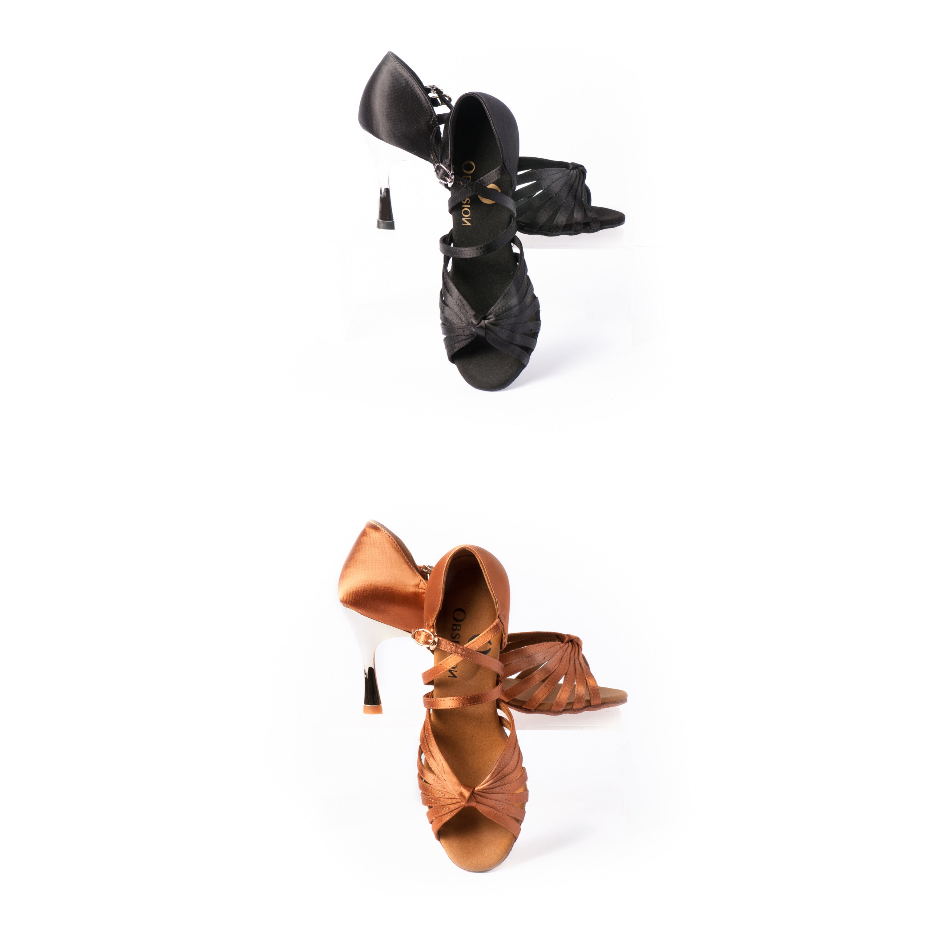 Women's Latin dance sandal available in black and tan satin, featuring multi-strap design, ankle buckle and flared heel