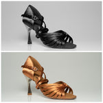 Women's Latin dance sandal available in black and tan satin, featuring multi-strap design, ankle buckle and flared heel