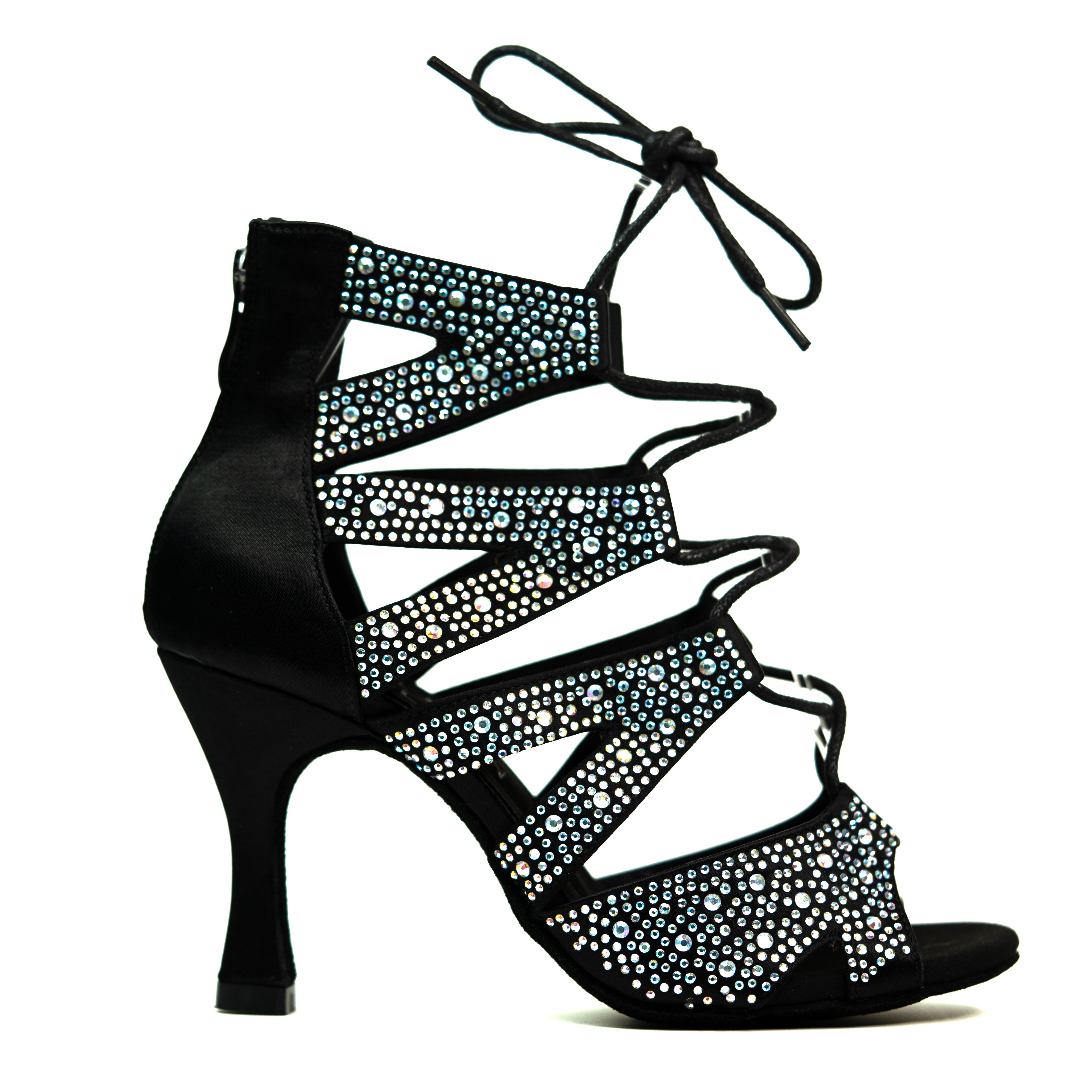 A black high heel dance shoe with rhinestone embellishments and lace-up front - side view
