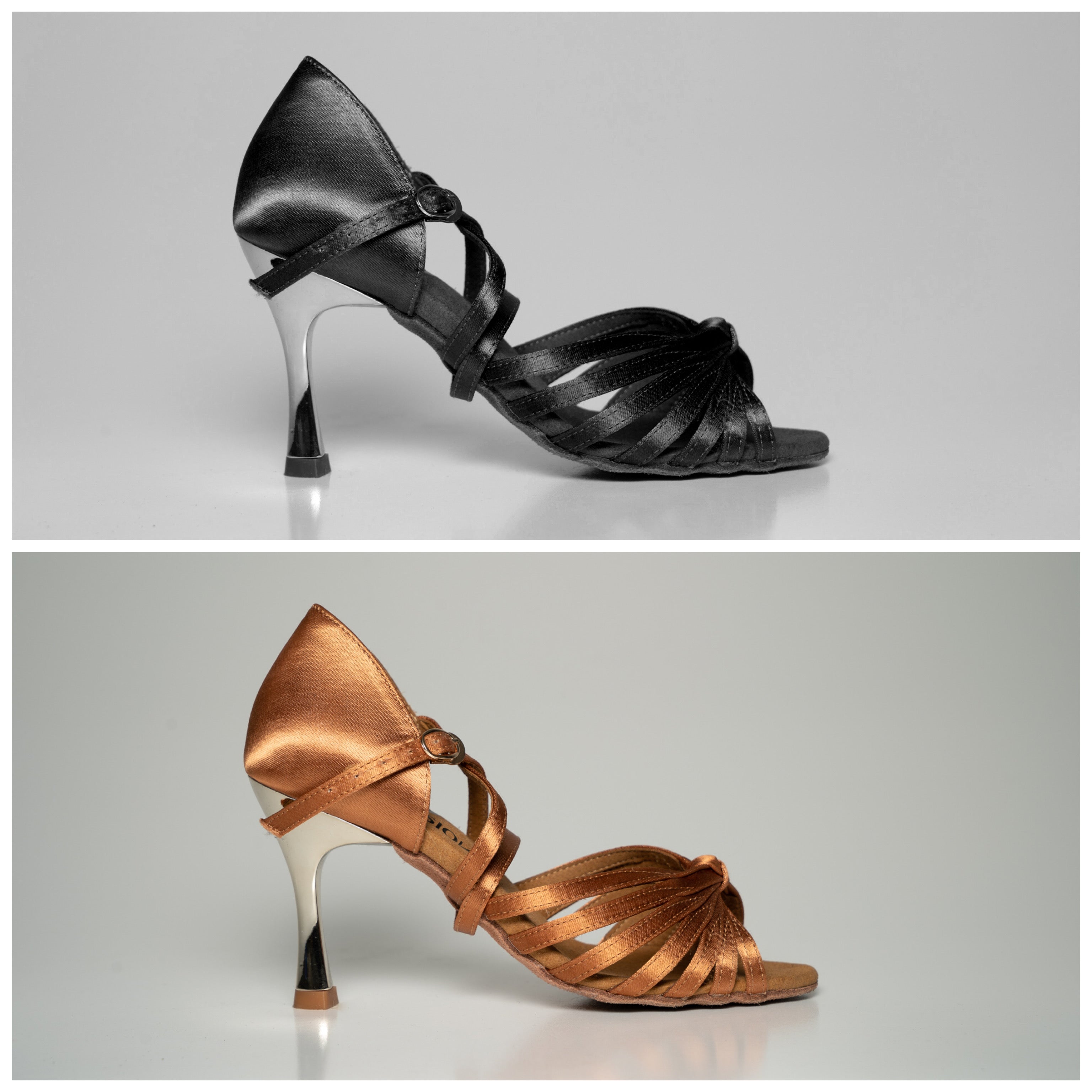 Women's Latin dance sandal available in black and tan satin, featuring multi-strap design, ankle buckle and flared heel